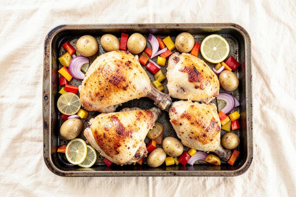 Roasting tray of golden chicken pieces with halved baby potatoes, red and yellow pepper chunks, red onion and lemon slices
