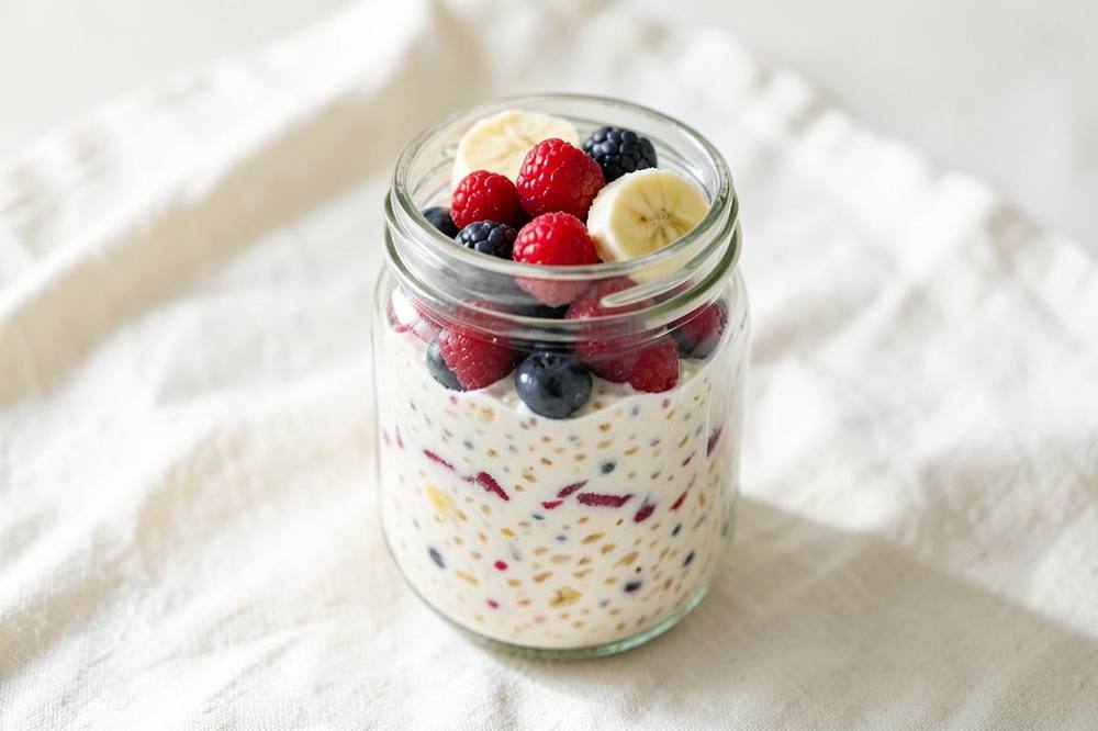 Glass jar of overnight oats topped with raspberries, blackberries, blueberries and banana slices