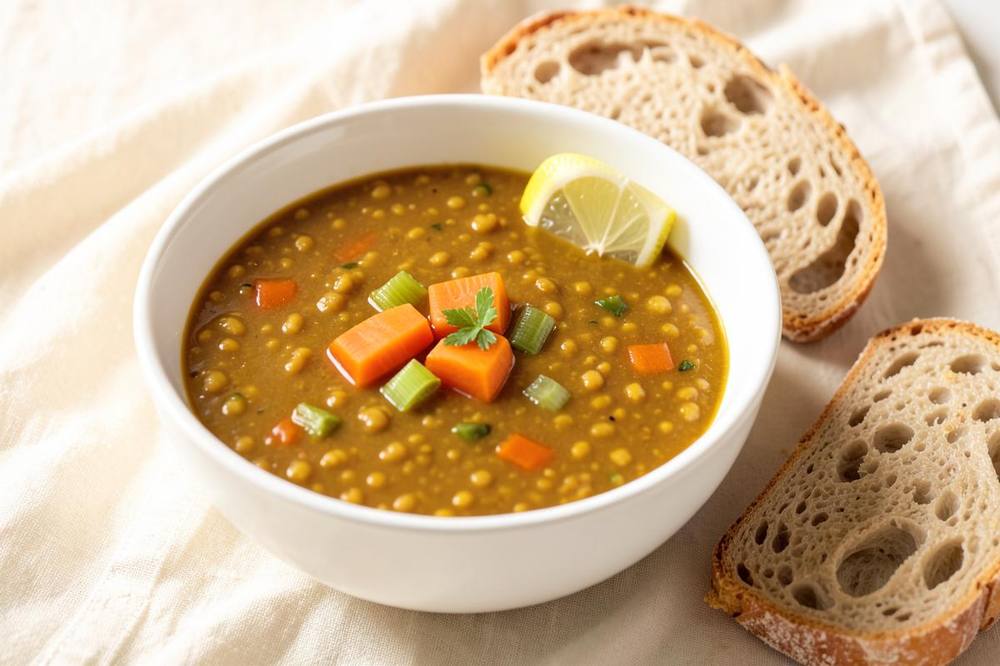 Bowl of thick golden red lentil soup with carrot and celery, a lemon wedge, and slices of crusty bread