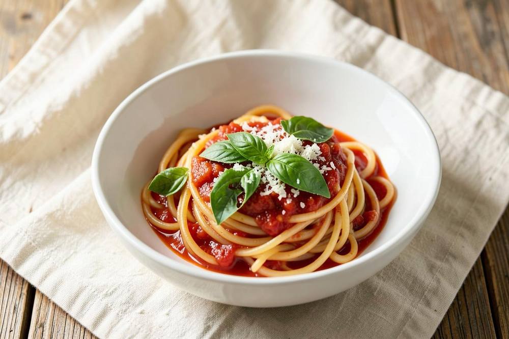 White bowl of spaghetti coated in a rich tomato sauce, topped with torn basil leaves and grated cheese