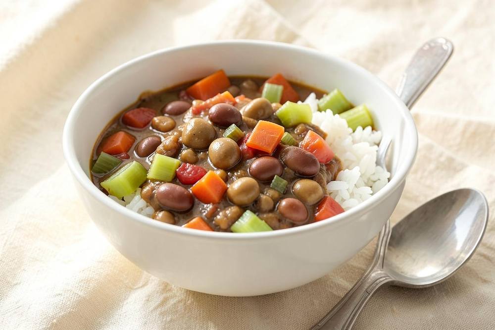 Bowl of vegetarian bean chilli with kidney beans, carrot and celery served alongside white rice